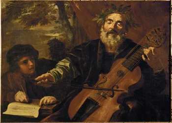 Il poeta Omero, con la lyra da gamba, strumento usato per accompagnare le ballate nell