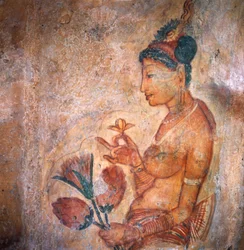 Apsaras, ninfa celeste che offre fiori, affresco, cittadella fortificata di Sigiriya (Lista del Patrimonio Mondiale UNESCO)