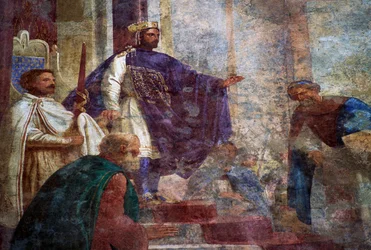Dettaglio dagli affreschi sulla facciata di Palazzo Thiene (XV secolo), Vicenza (Lista del Patrimonio Mondiale UNESCO)