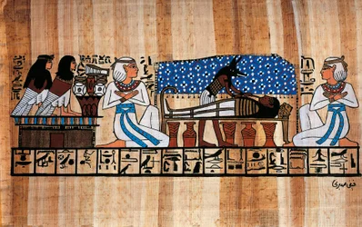 Papiro egiziano che raffigura una cerimonia di imbalsamazione