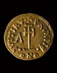 Solidus del Principe Arechi, verso, monete longobarde, VIII secolo
