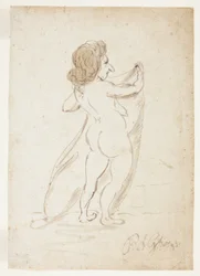 Donna nuda in piedi che tiene un velo