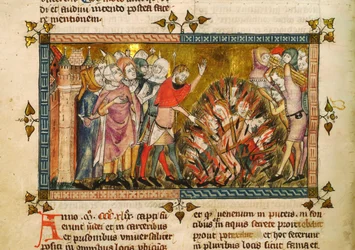 Rogo degli ebrei nel 1349. Miniatura da: Tractatus quartus di Gilles de Muisit, ca 1353