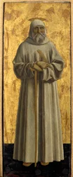 Polittico della Misericordia: la Vergine della Misericordia, circondata da santi (dettaglio raffigurante San Benedetto da Norcia). Dipinto su legno di Piero della Francesca (1415/20-1492) 1445-1460 Sansepolcro, Pinacoteca Comunale