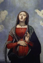 La Vergine Maria con la colomba dello Spirito Santo sopra di lei, circondata da sei santi. Dettaglio