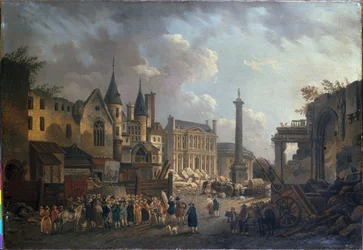 Spettacolo di fiera a un incrocio immaginario di Parigi, ca. 1770