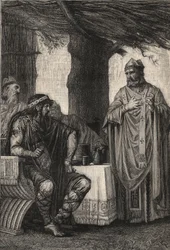 San Gregorio di Tours (538-594) che si oppone a Chilperico I (539-584) re dei Franchi della dinastia merovingia - incisione di Pierre Fritel (1853-1942)