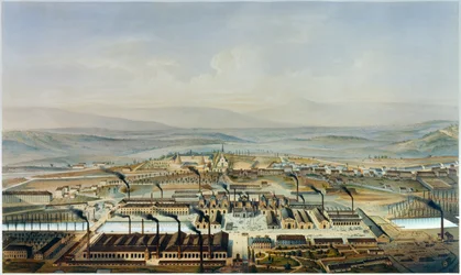 Veduta del Creusot e dei laboratori del Chateau de la Verrerie, litografia da acquerello di Pierre Tremaux (1818-1895)