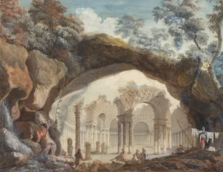 Fantasia architettonica: rovine di un tempio circolare viste attraverso un arco naturale