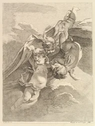 Tre amori che sostengono un drappo, dal Premier Livre de Grotesques