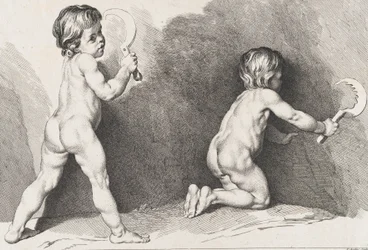 Due bambini nudi in piedi, dal Nuovo libro dei bambini, 1720-60
