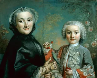 Donna e bambino con un parrocchetto e ciliegie
