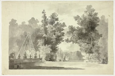 Veduta del parco di Versailles: Arco di scale con piante; statuario