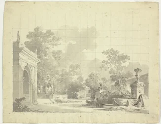 Veduta del parco di Versailles: Entrata ad arco di una terrazza, urne e statue rovinate