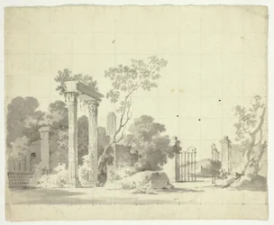 Veduta del parco di Versailles: Colonne in rovina e una porta di ferro aperta