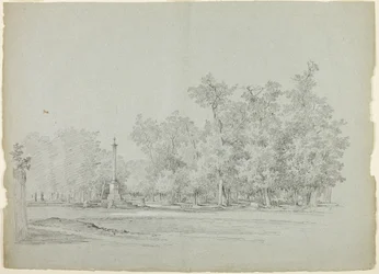 Veduta del parco di Versailles: Paesaggio con colonna commemorativa e boschetto di alberi