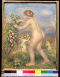 Nudo femminile che coglie fiori