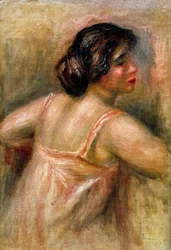 Donna di tre quarti. È vestita con una tuta rosa e porta i capelli raccolti in uno chignon. Dipinto di Pierre Auguste Renoir (1841-1919). Olio su tela. Collezione privata