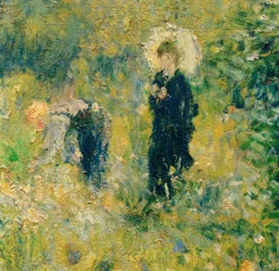 Donna con ombrellino in un giardino