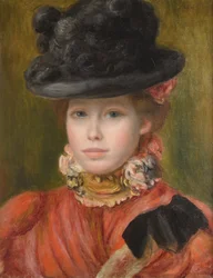 Ragazza con cappello nero e fiori rossi