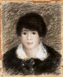 Giovane donna, vista del viso con abito nero e colletto bianco. Disegno di Pierre Auguste (Pierre-Auguste) Renoir (1841-1919)