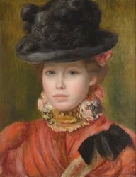Ragazza con cappello nero e fiori rossi