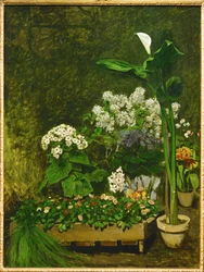 Natura morta, fiori di primavera in una serrature morte, fleurs de printemps dans la serre (olio su tela)