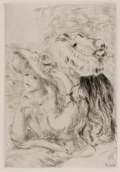 Due ragazze che appuntano fiori sui loro cappelli, 1894 circa (incisione a inchiostro su carta)