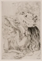 Due giovani ragazze che appuntano fiori sui loro cappelli, c1897