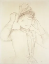 Giovane donna che sistema il cappello, c.1885