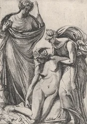 Studio che supporta la personificazione svenuta della Scultura, in piedi accanto a loro