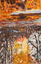 Paesaggio, la casa rosa, tramonto