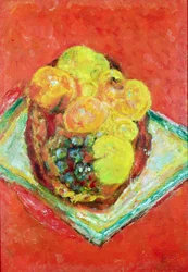 Pesche e uva su una tovaglia rossa, c.1943