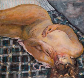 Nudo sdraiato su un plaid bianco e blu, 1909 circa (olio su tela)