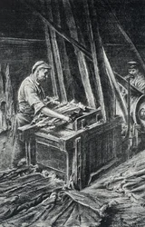 Peausserie, le corroyage: lavorazione della pelle, ammorbidimento delle pelli animali in un fuller. Incisione dalla collezione privata di Pierre Calmette