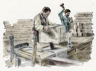 Savonnerie: il taglio delle saponette (produzione di saponette) Incisione da "Excursion a travers les metiers" di Pierre Calmette Collezione privata