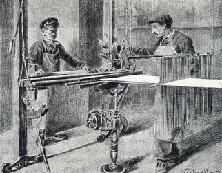 Laboratorio della seta: la preparazione della catena al piegatore Incisione tratta da 