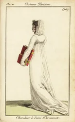 Donna in abito bianco con velo su metà dei capelli, Parigi