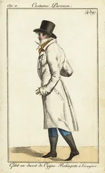 Giovane dandy in cappotto da cavaliere, gilet di piumino di cigno