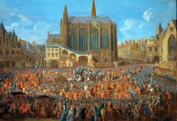 Il re Luigi XV (1710-1774) lascia il letto di giustizia tenuto al Palais de Justice di Parigi il 12/09/1715. La Sainte Chapelle è visibile. Dipinto a gouache di Pierre Denis Martin (1715). Parigi, Museo Carnavalet