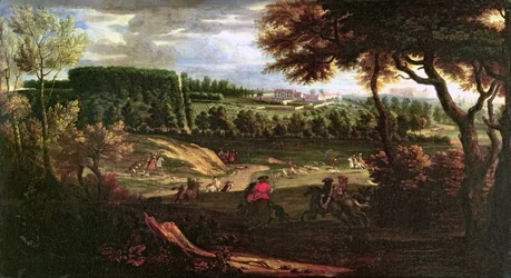 Luigi XIV (1638-1715) a caccia a Marly con una vista del Château Vieux de Saint Germain