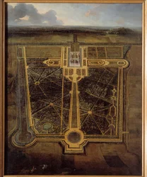Veduta prospettica di un castello e di un parco alla francese