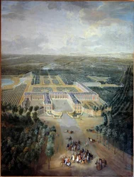 Veduta prospettica del castello e dei giardini di Trianon: passeggiata di re Luigi XV a cavallo. Dipinto di Pierre Denis Martin (1663-1742). 18° secolo. Dim. 2,96 x 2,23 m. Versailles, museo del Castello