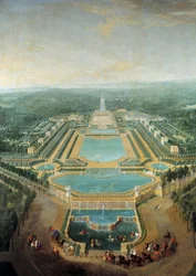 Veduta prospettica del castello di Marly, il re Luigi XV bambino in carrozza passa davanti all