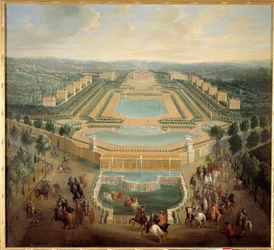 Veduta prospettica del castello di Marly, Re Luigi XV in carrozza lascia il castello