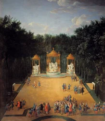 Veduta del boschetto dei Bagni di Apollo nei giardini di Versailles nel 1713, in primo piano Luigi XIV (1638-1715) che visita il boschetto