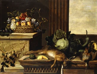 Frutta in un cesto di vimini con fichi su un plinto, selvaggina morta, un cavolo, un melone, una zucca e un carciofo su un davanzale di pietra, una finestra oltre