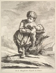 Bambino con un cane, che tiene un cesto di uva, da Premier Livre de Figures