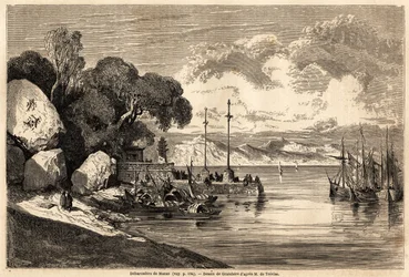 Il Barcadere di Macau. Disegno di Grandsire per illustrare il viaggio in Cina e Giappone, nel 1857-1858, di M. de Moge. Incisione in "Le tour du monde, nouveau journal des voyages"