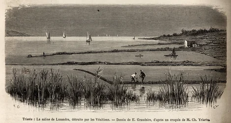 La salina di Lusandra, nei pressi di Trieste, incisione di E. Grandsire per illustrare il viaggio in Istria e Dalmazia, 1874, di Charles Yriarte